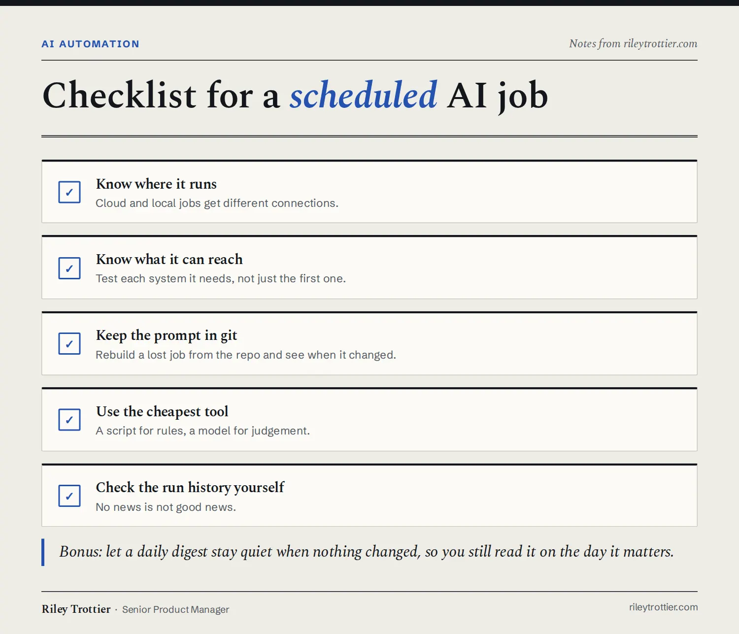 A five-item checklist for scheduled AI jobs: know where it runs, know what it can reach, keep the prompt in git, use the cheapest tool that does the job, and check the run history yourself