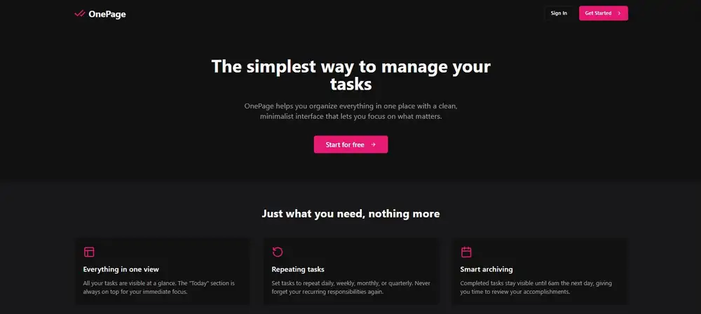 OnePage home page with the headline The simplest way to manage your tasks and three features: everything in one view, repeating tasks and smart archiving